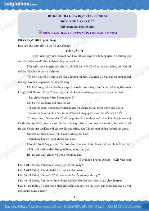 Đề thi giữa kì 2 Văn 7 - Đề số 14